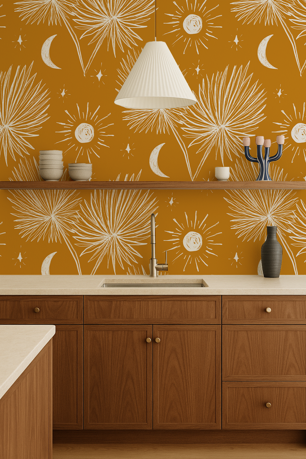 Night Palm Wallpaper, marigold and white - Tampa Home & Garden Store
