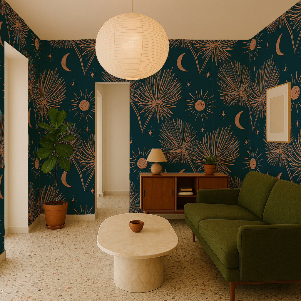 Night Palm Wallpaper, navy and terra cotta - Tampa Home & Garden Store