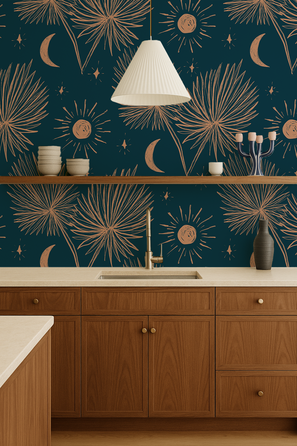 Night Palm Wallpaper, navy and terra cotta - Tampa Home & Garden Store