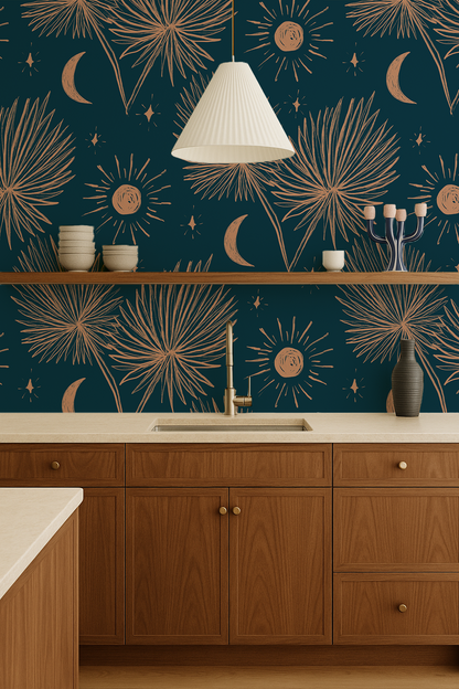 Night Palm Wallpaper, navy and terra cotta - Tampa Home & Garden Store
