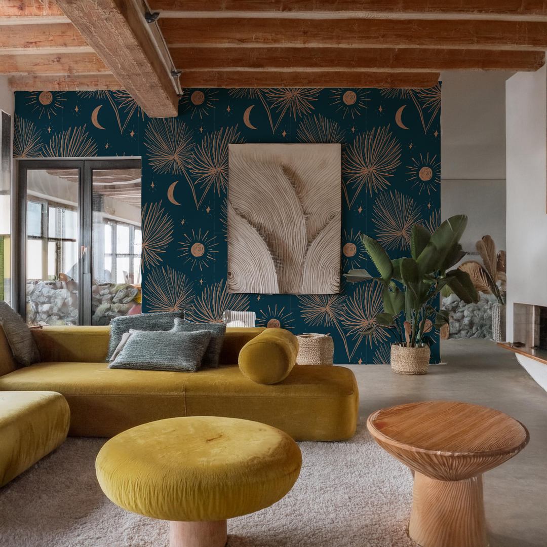 Night Palm Wallpaper, navy and terra cotta - Tampa Home & Garden Store