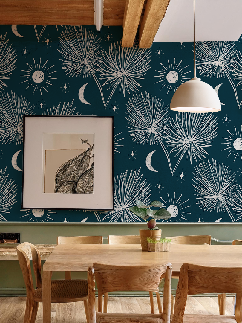 Night Palm Wallpaper, navy and white - Tampa Home & Garden Store