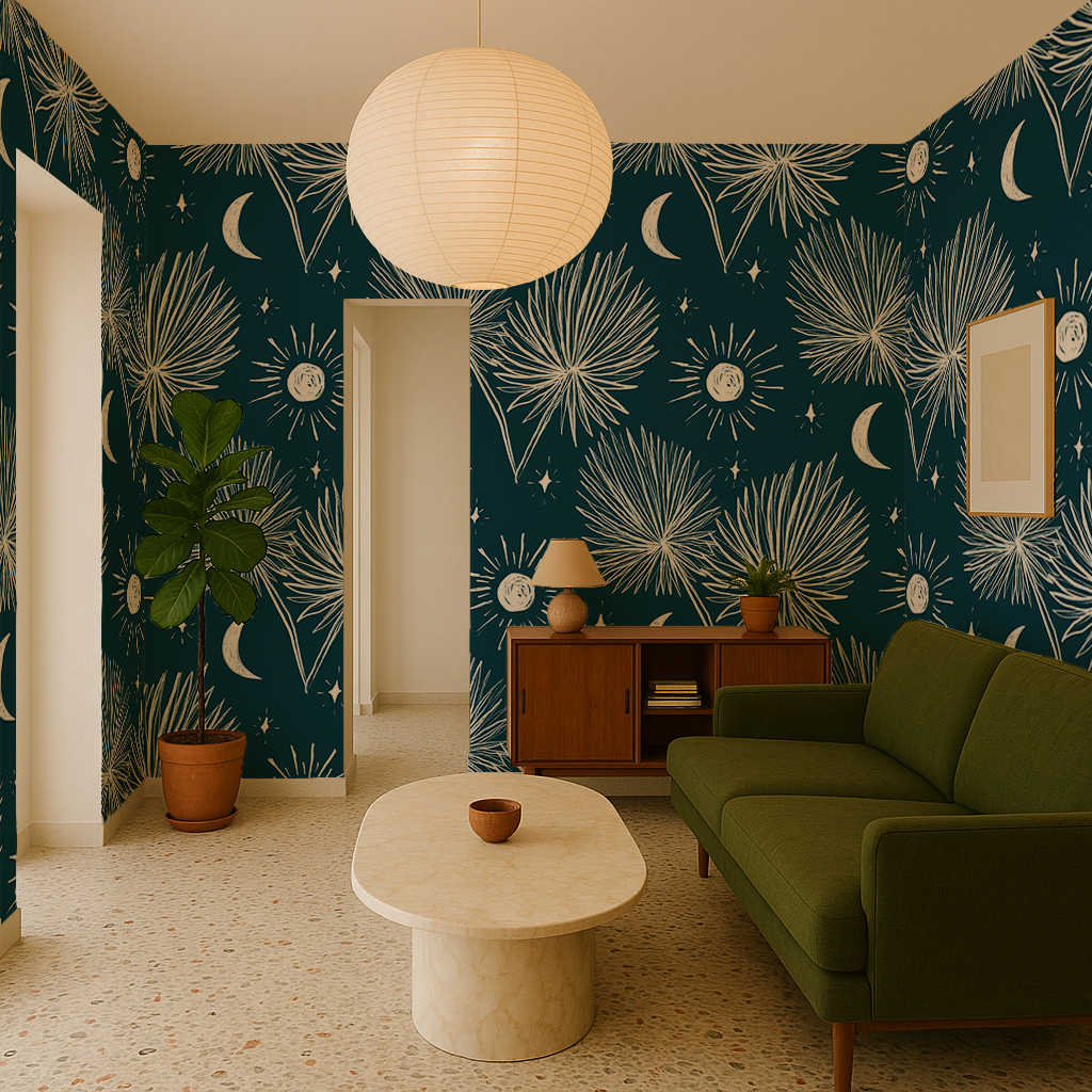 Night Palm Wallpaper, navy and white - Tampa Home & Garden Store