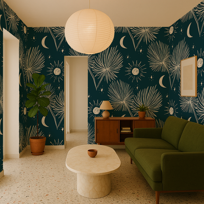 Night Palm Wallpaper, navy and white - Tampa Home & Garden Store