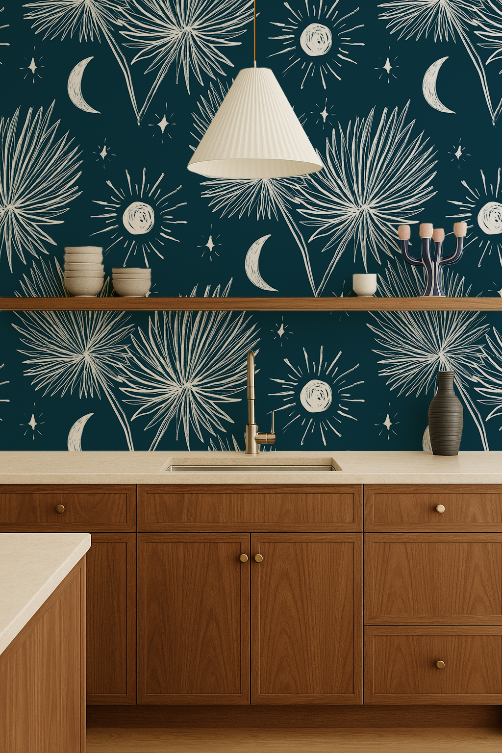 Night Palm Wallpaper, navy and white - Tampa Home & Garden Store