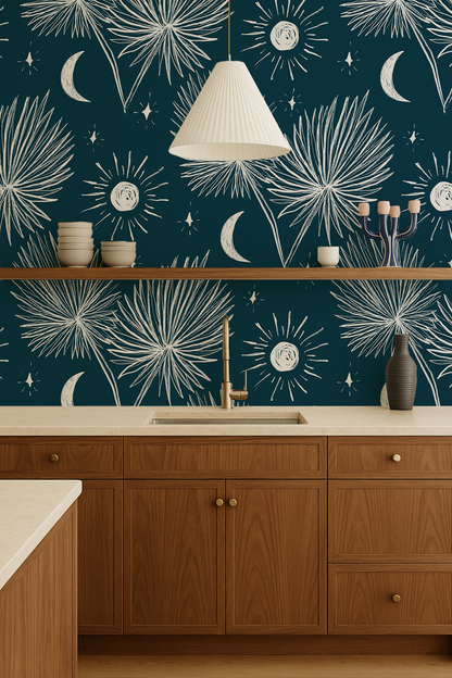 Night Palm Wallpaper, navy and white - Tampa Home & Garden Store