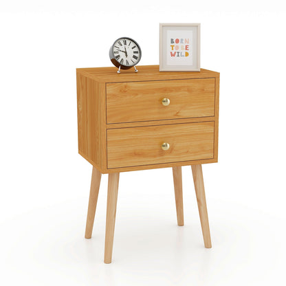 Mid Century Modern 2 Drawers Nightstand in Natural-Coffee