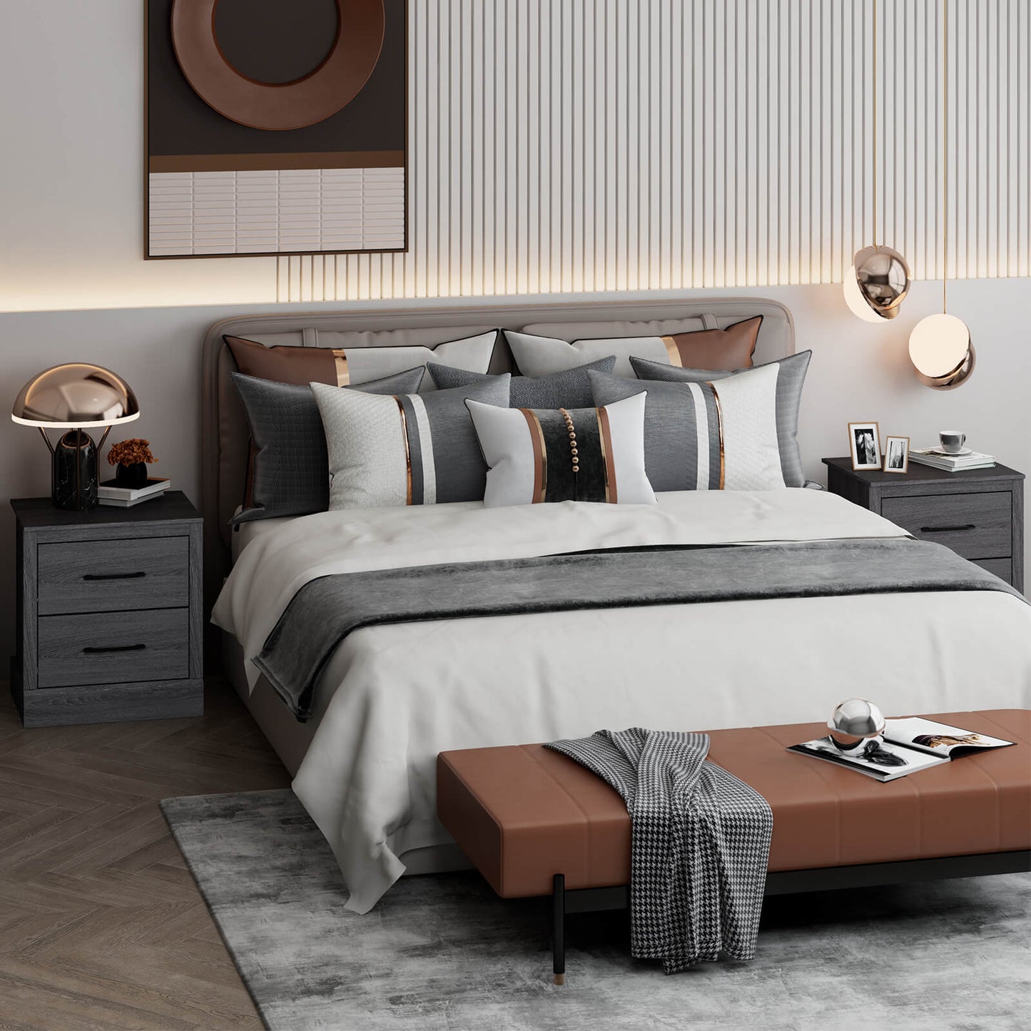 Mesita de noche compacta de madera con cajones de almacenamiento - Gris oscuro