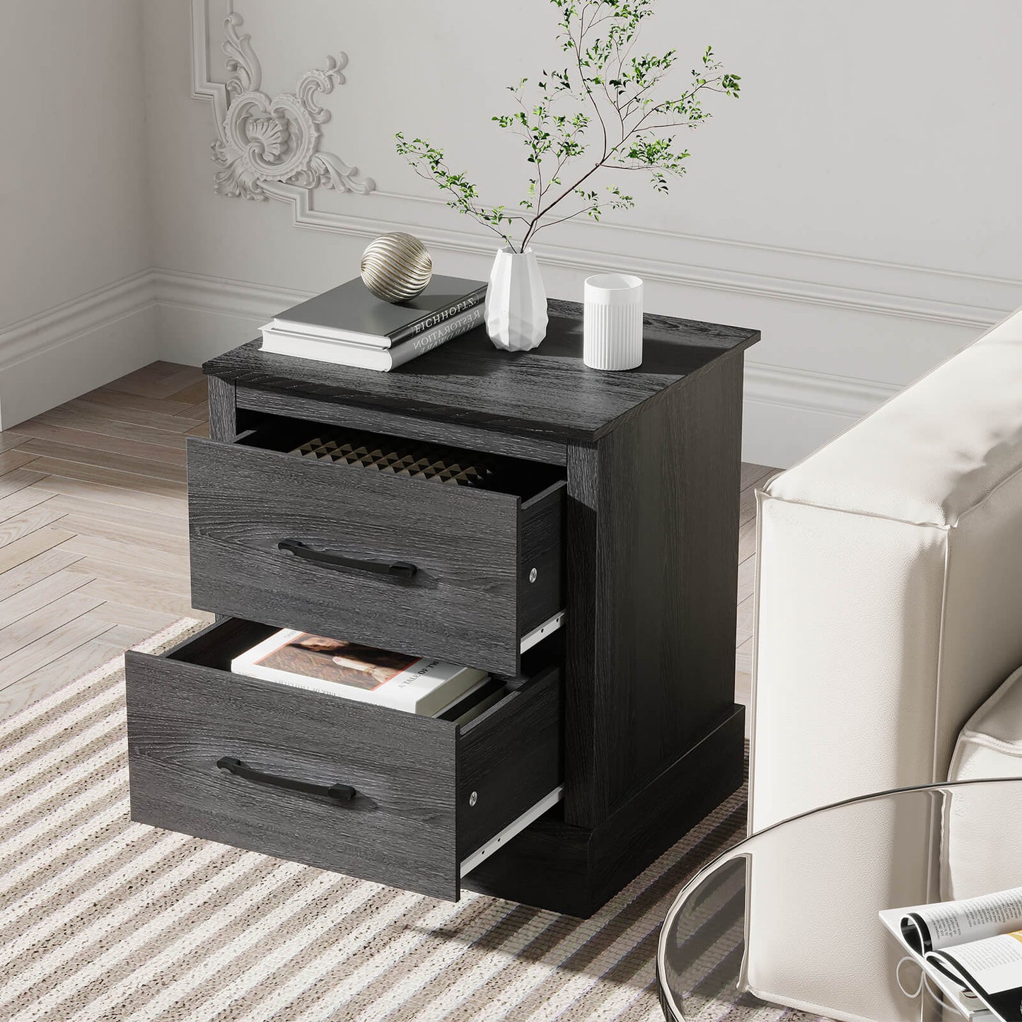 Mesita de noche compacta de madera con cajones de almacenamiento - Gris oscuro