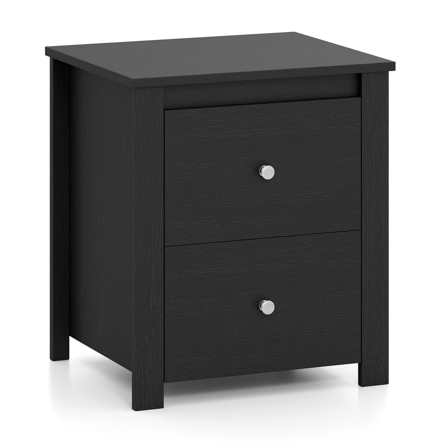 2-Drawer nightstand in black woodgrain with silver knobs for bedroom or living room on Tampa Home & Garden Store