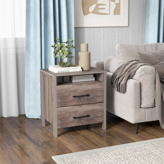 Nightstand with 2 drawers in grey farmhouse wood finish with open shelf DirectDeals on Tampa Home & Garden Store