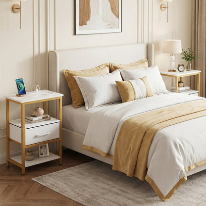 Nightstand with Charging Station and Adjustable Fabric Drawer for Bedroom and Living Room