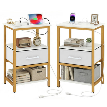 Nightstand with Charging Station and Adjustable Fabric Drawer for Bedroom and Living Room