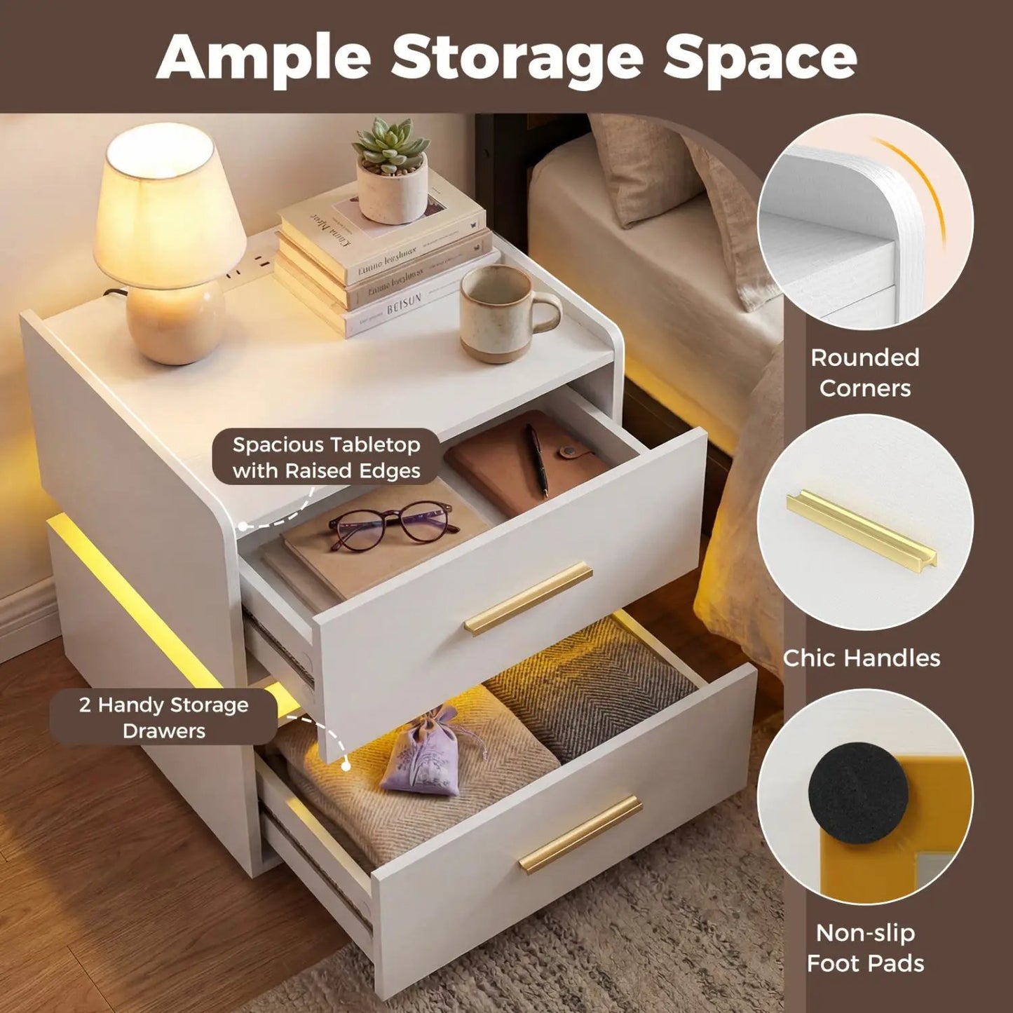 Nightstand Led Charging Station Bedside Table