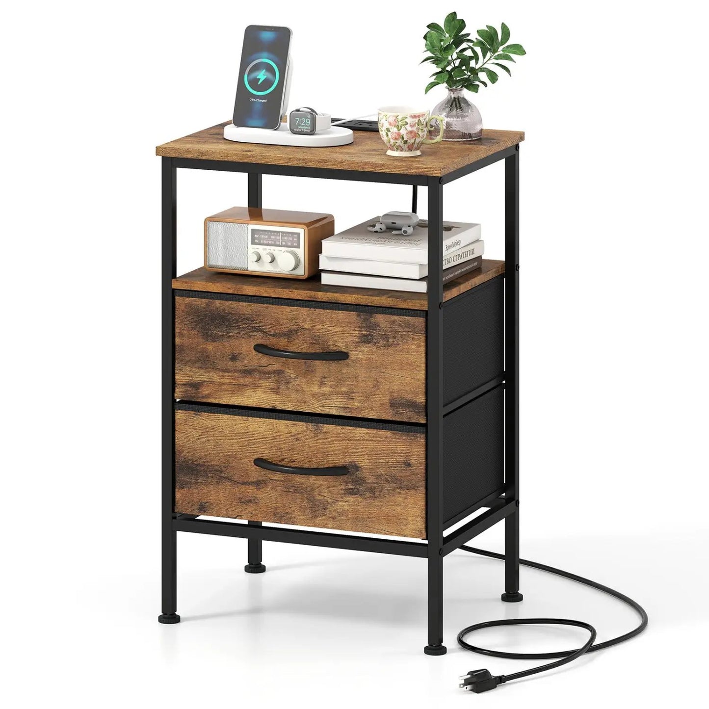 Nightstand With Charging Station and Drawers