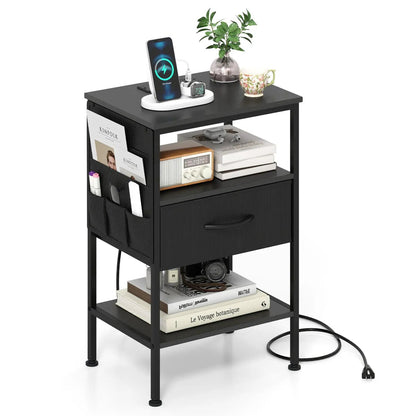 Nightstand with Charging Station Fabric Drawer
