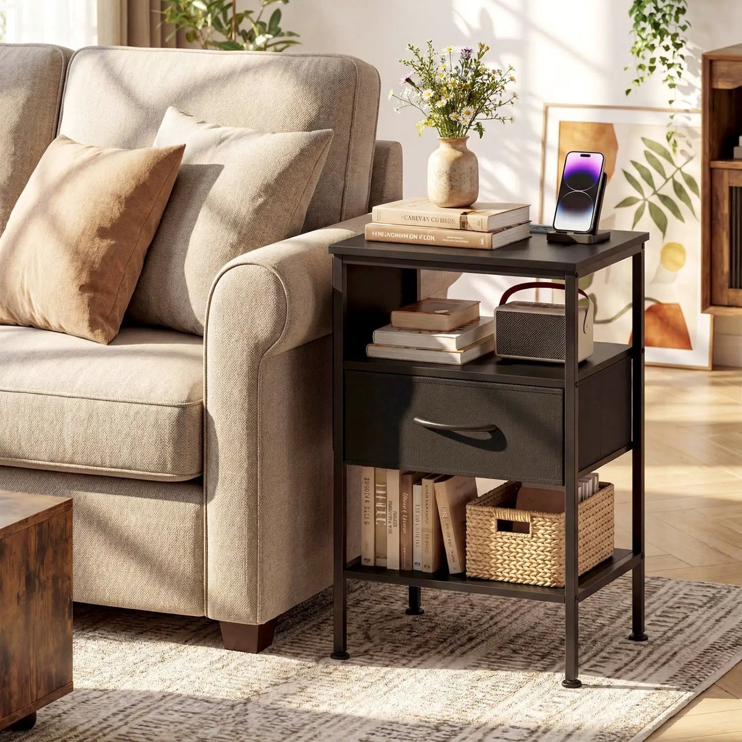 Nightstand with Charging Station Fabric Drawer
