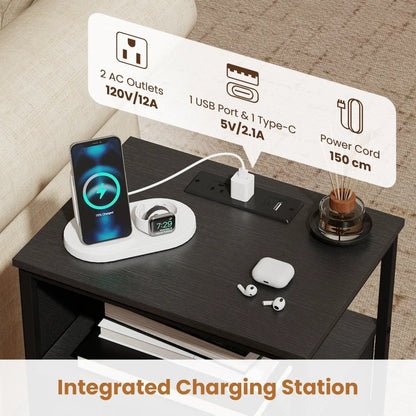 Nightstand with Charging Station Fabric Drawer