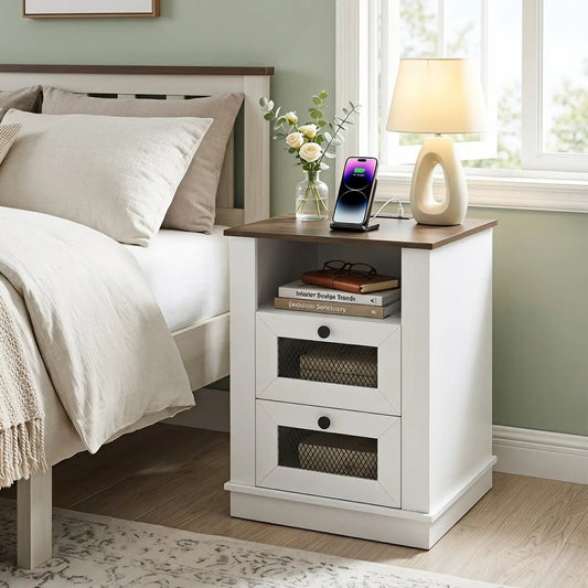 Nightstand with charging station and 2 drawers, rustic brown top, white body by DirectDeals on Tampa Home & Garden Store