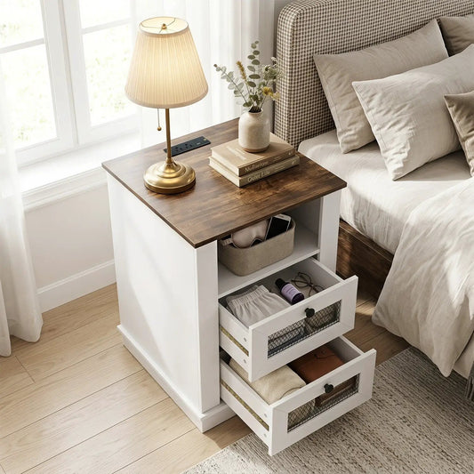 Nightstand with charging station and 2 drawers, white frame with rustic brown top DirectDeals on Tampa Home & Garden Store