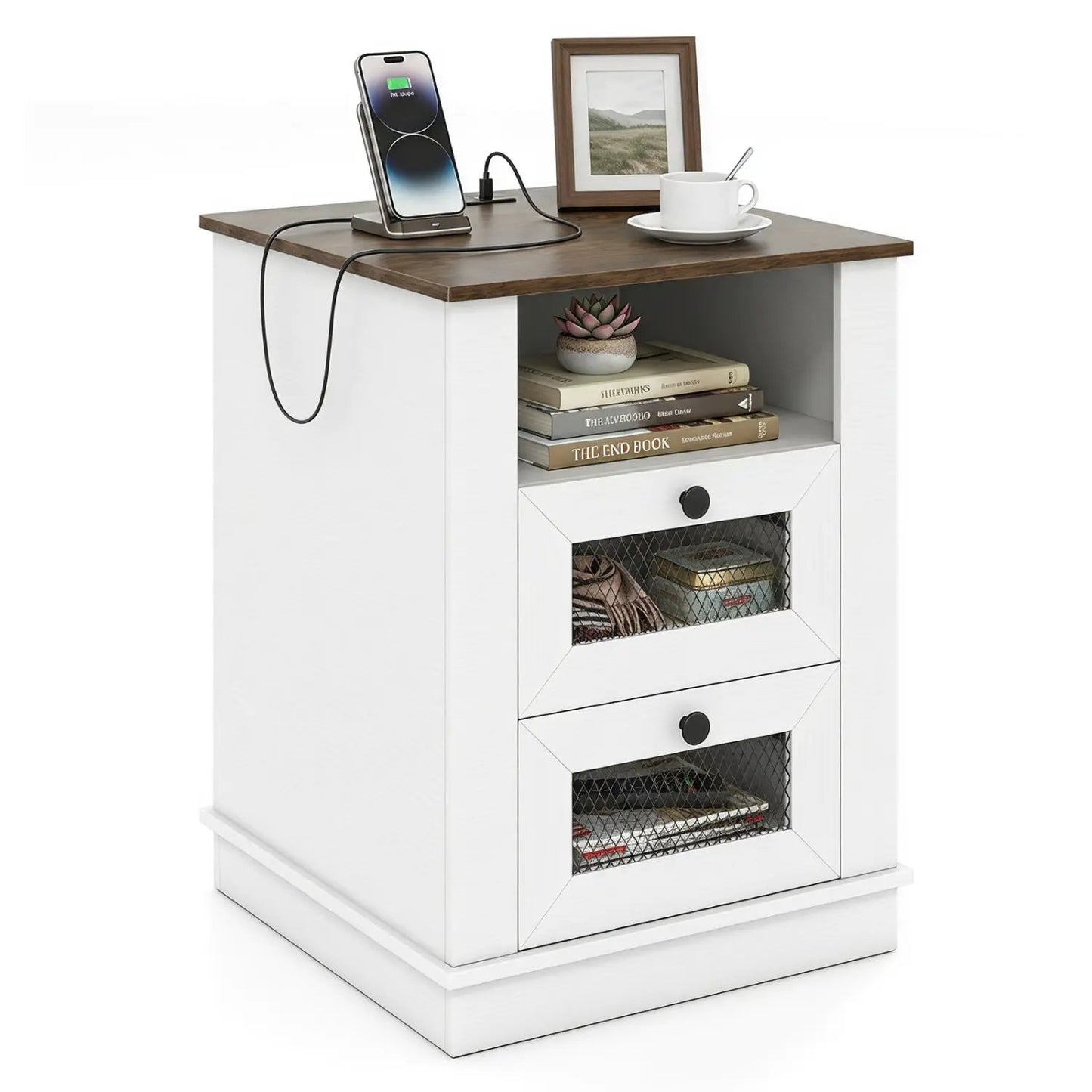 Nightstand With Charging Station and 2 Drawers