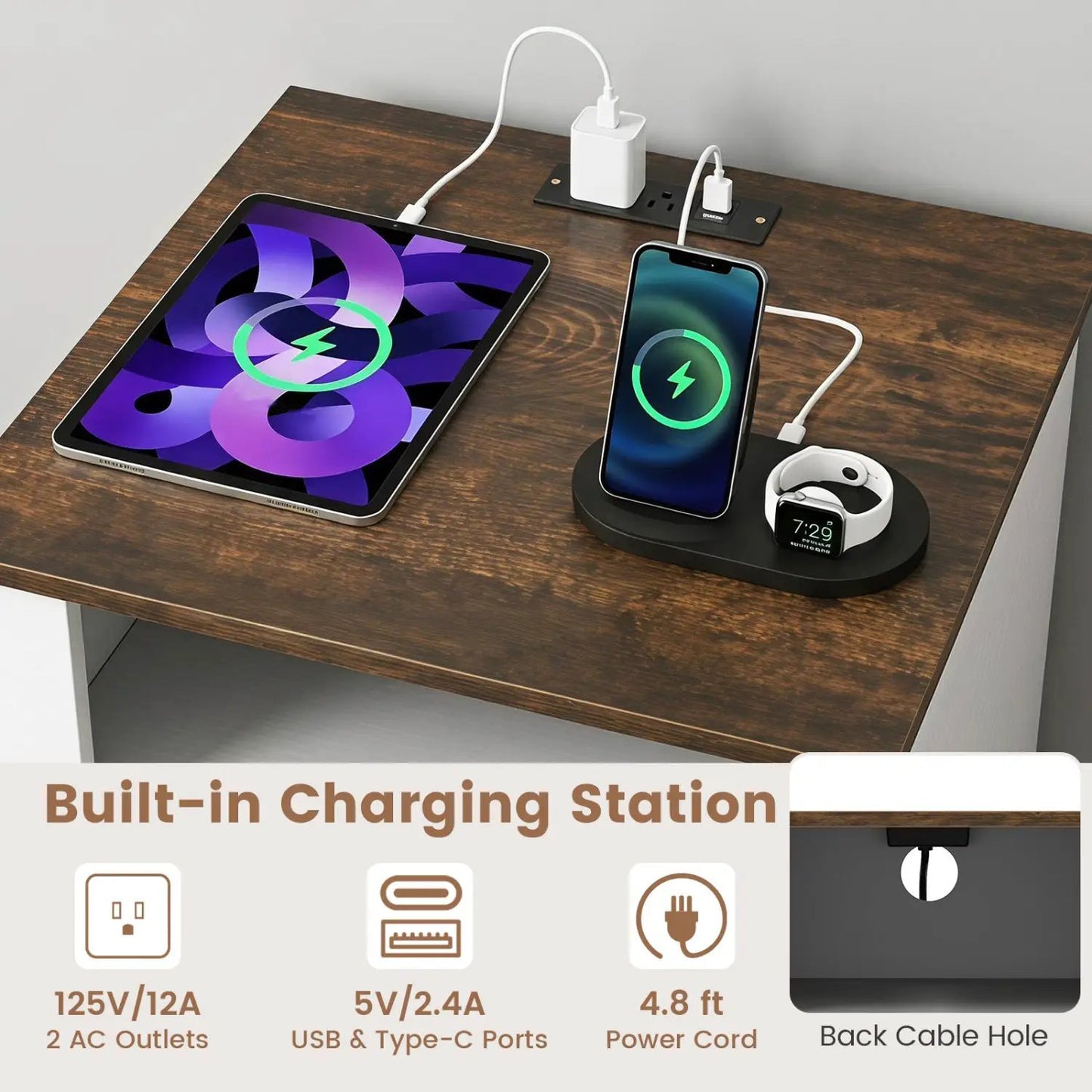 Nightstand With Charging Station and 2 Drawers