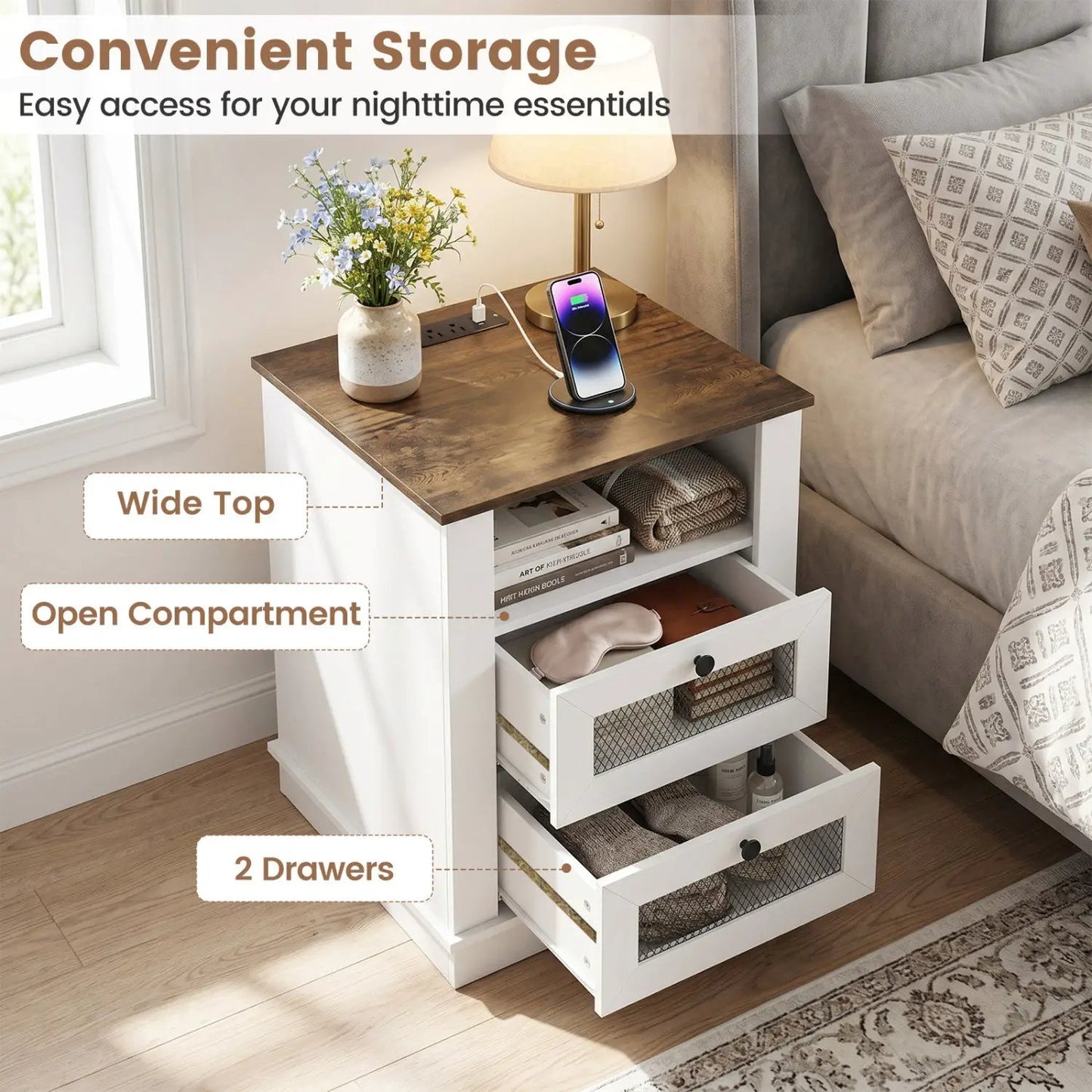 Nightstand With Charging Station and 2 Drawers