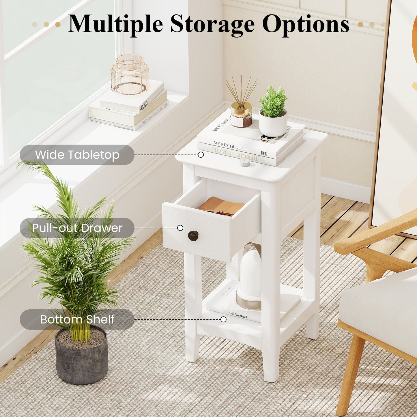 3-Tier Nightstand with Drawer and Open Storage Shelf
