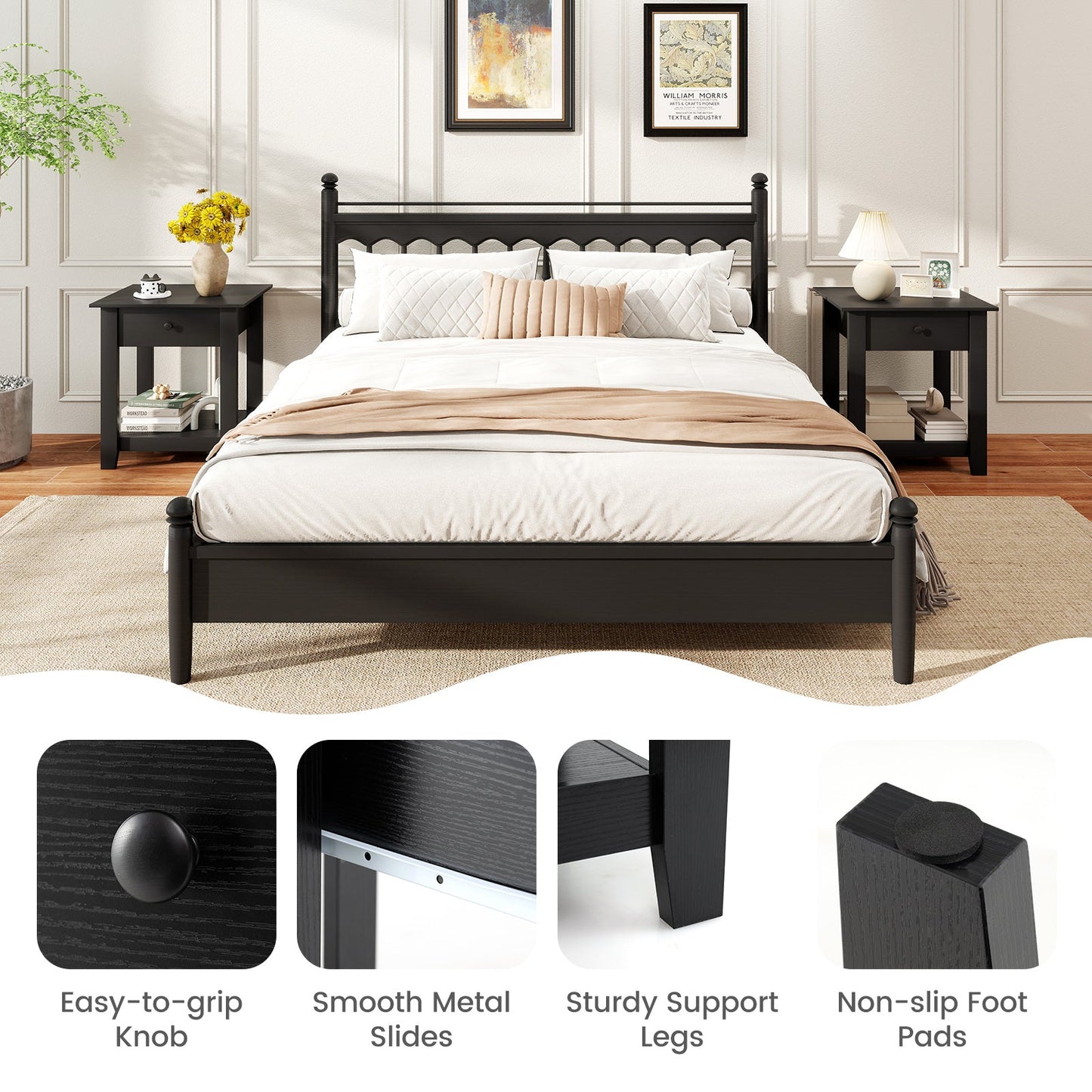 Nightstand with Drawer 3-Tier Modern Bedside Table with Open Shelf and Storage