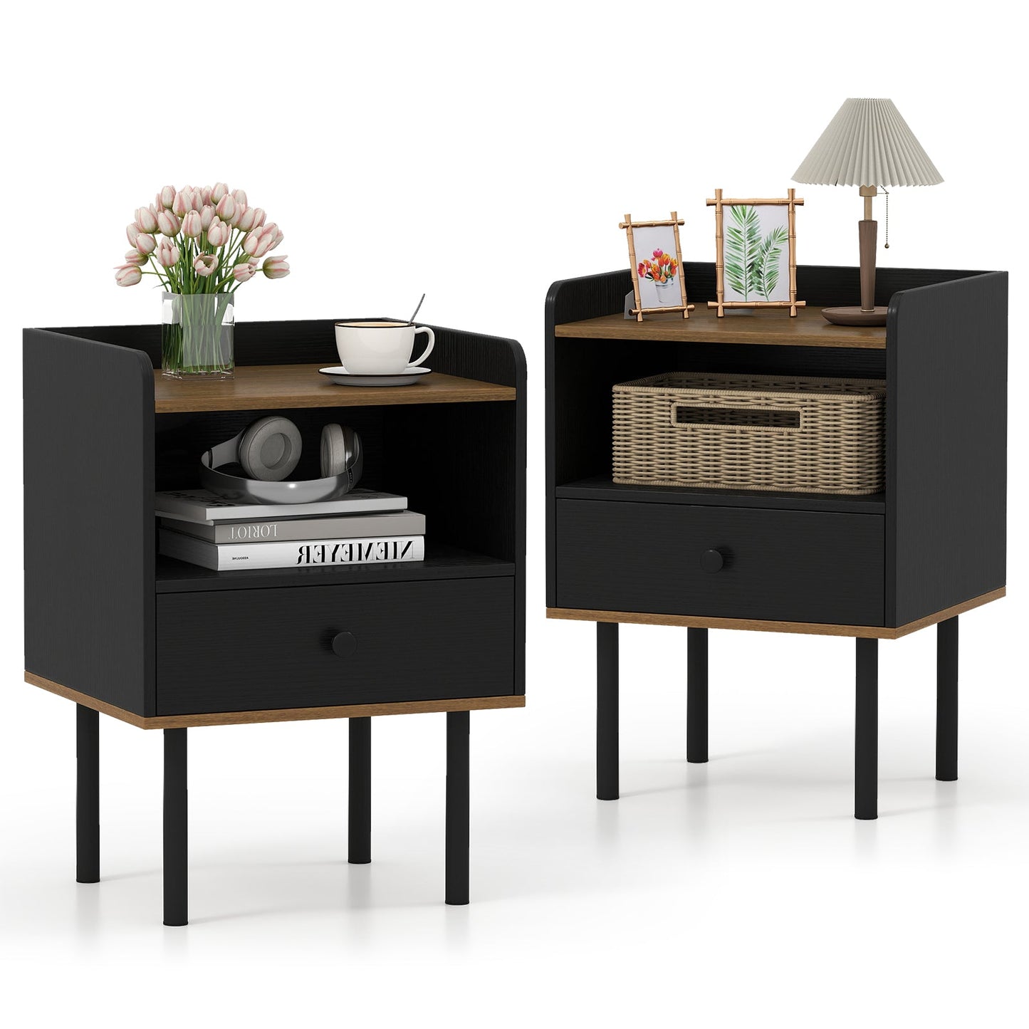 Nightstands set of 2, black with wood-toned tops, drawers and open shelves by DirectDeals on Tampa Home & Garden Store