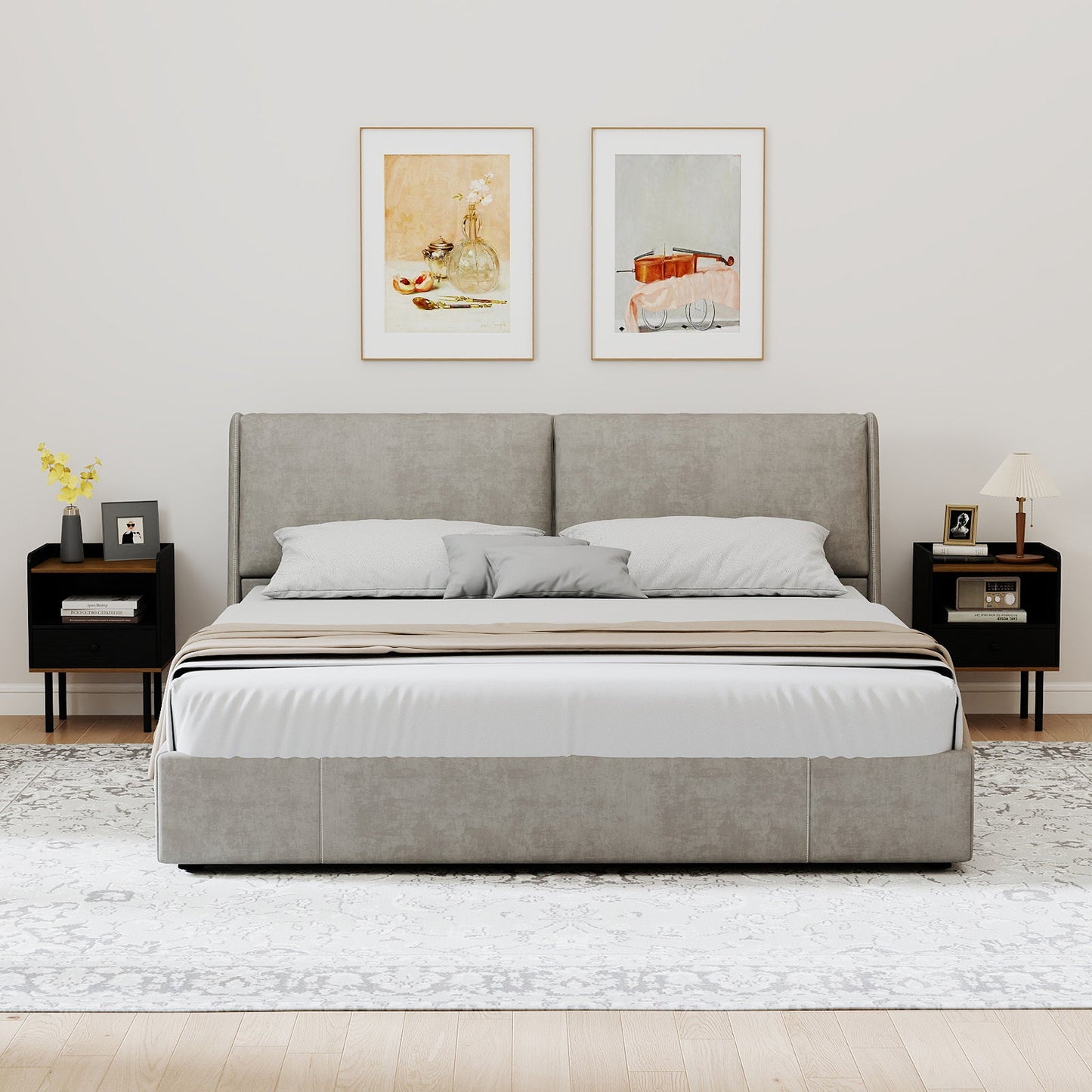 Black nightstands with drawers and open shelves set of 2 beside grey upholstered bed on Tampa Home & Garden Store