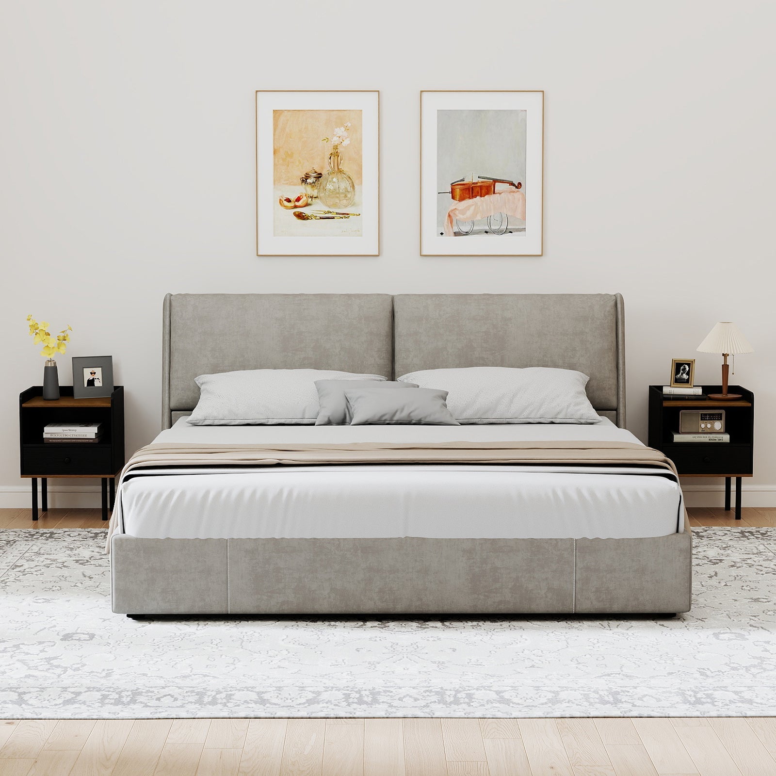 Black nightstands with drawers and open shelves set of 2 beside grey upholstered bed on Tampa Home & Garden Store