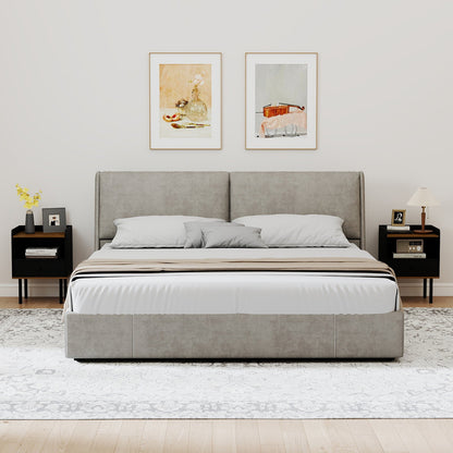 Black nightstands with drawers and open shelves set of 2 beside grey upholstered bed on Tampa Home & Garden Store