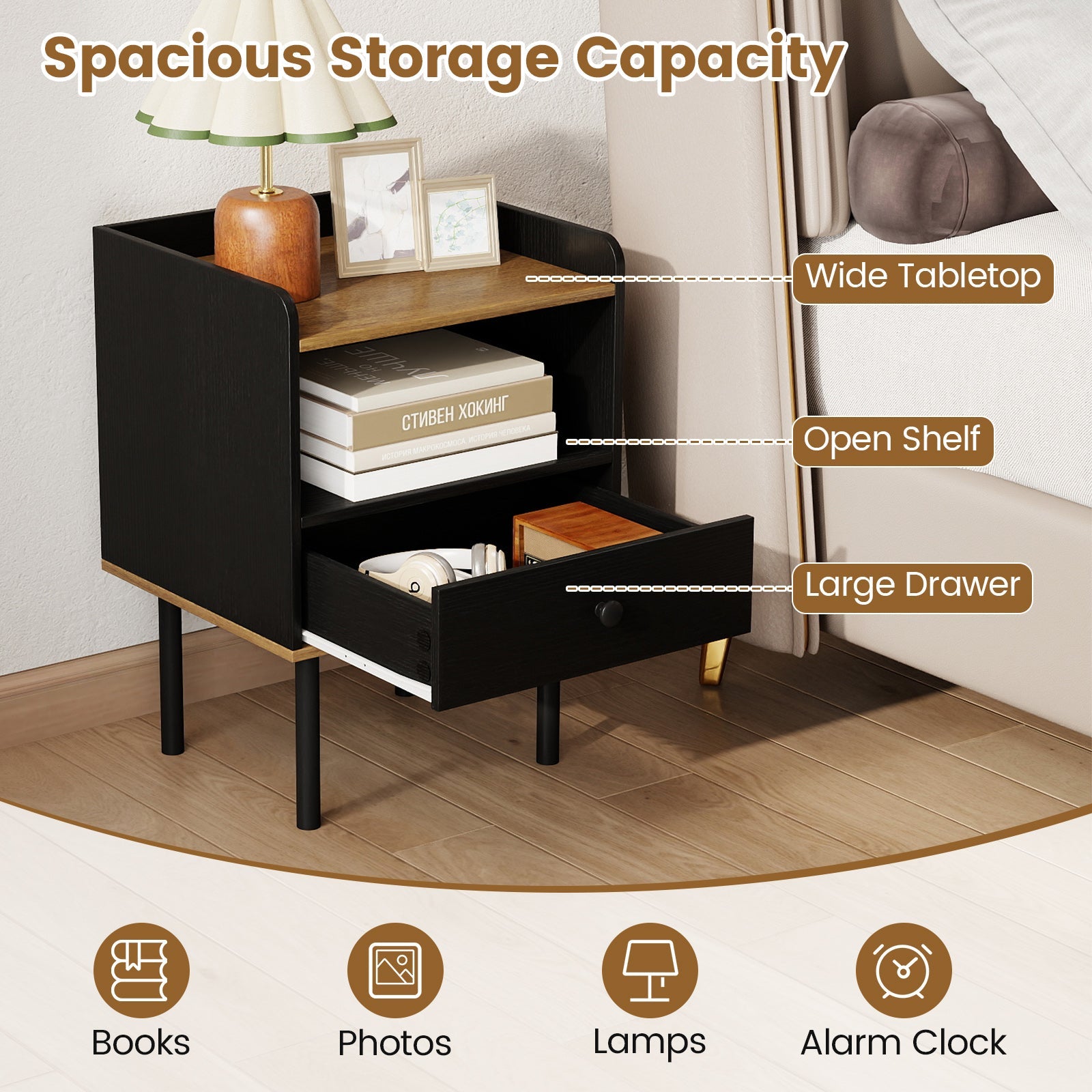 Nightstand with Drawer 3-Tier Sofa Side Table, black, DirectDeals, open shelf, set of 2 on Tampa Home & Garden Store