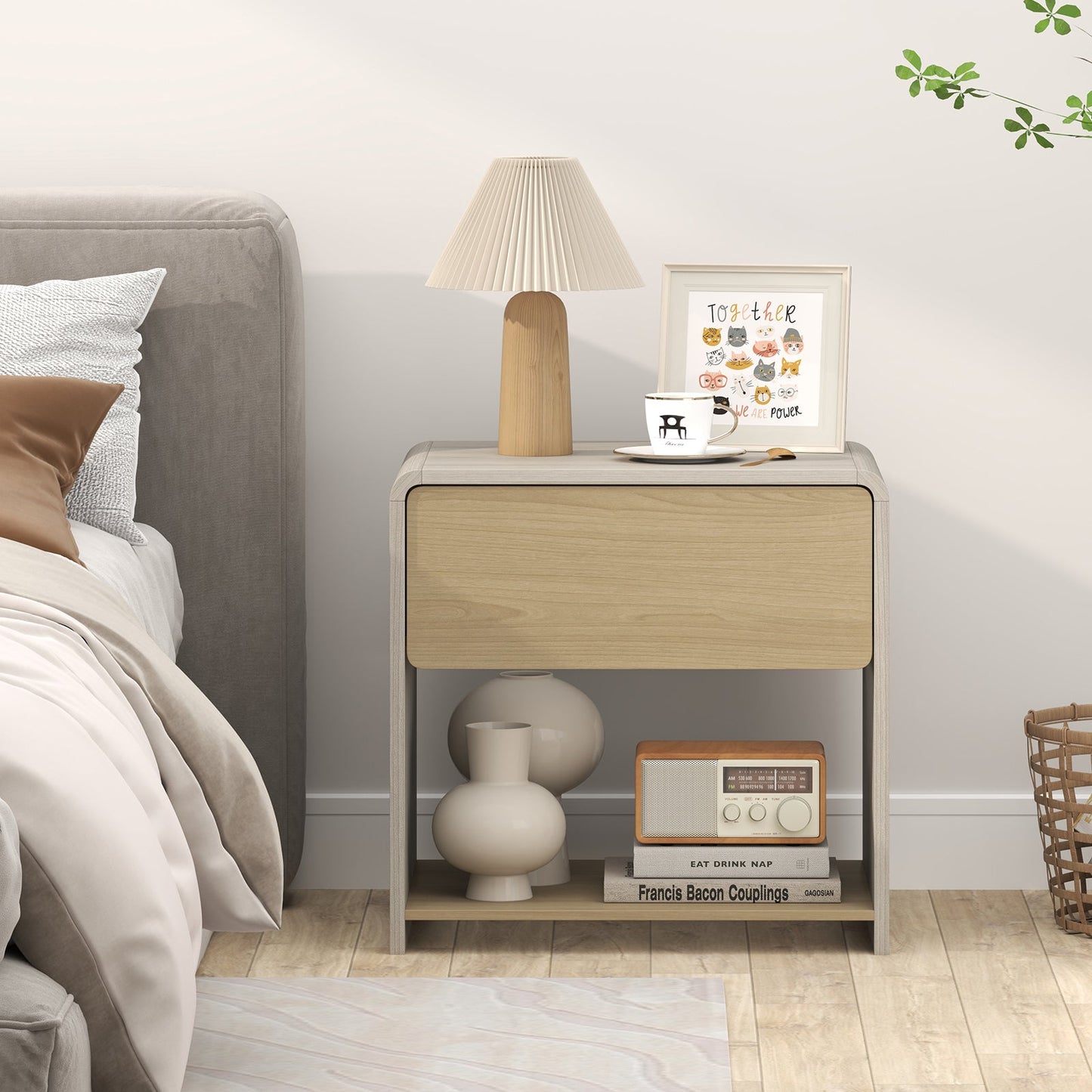2-Tier Modern Style Nightstand with Drawer and Open Shelf-Oak