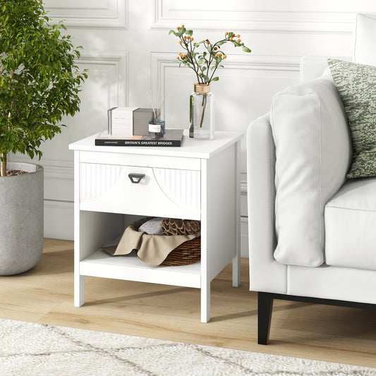 2-tier Wood Nightstand with Drawer and Open Storage Shelf for Bedroom-White - Tampa Home & Garden Store