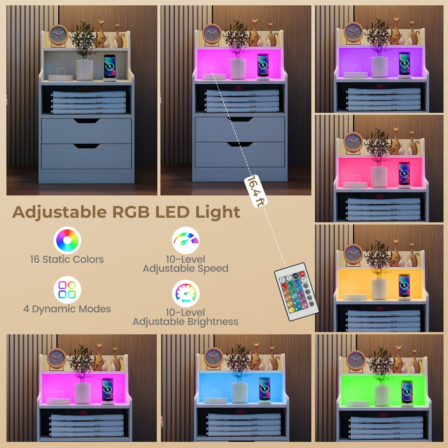 Nightstand with LED Light and Charging Station for Living Room Bedroom-White