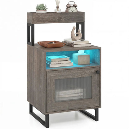 Nightstand with LED Lights and Storage Cabinet