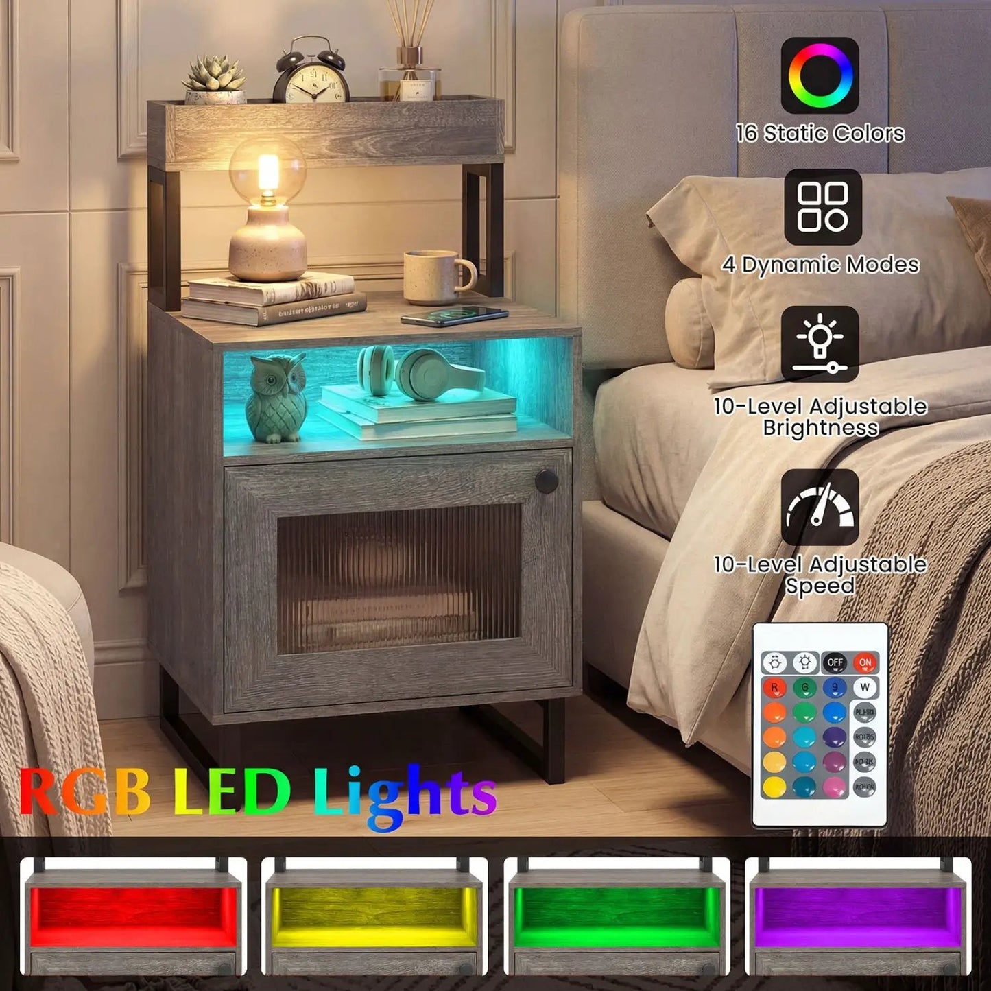 Nightstand with LED Lights and Storage Cabinet