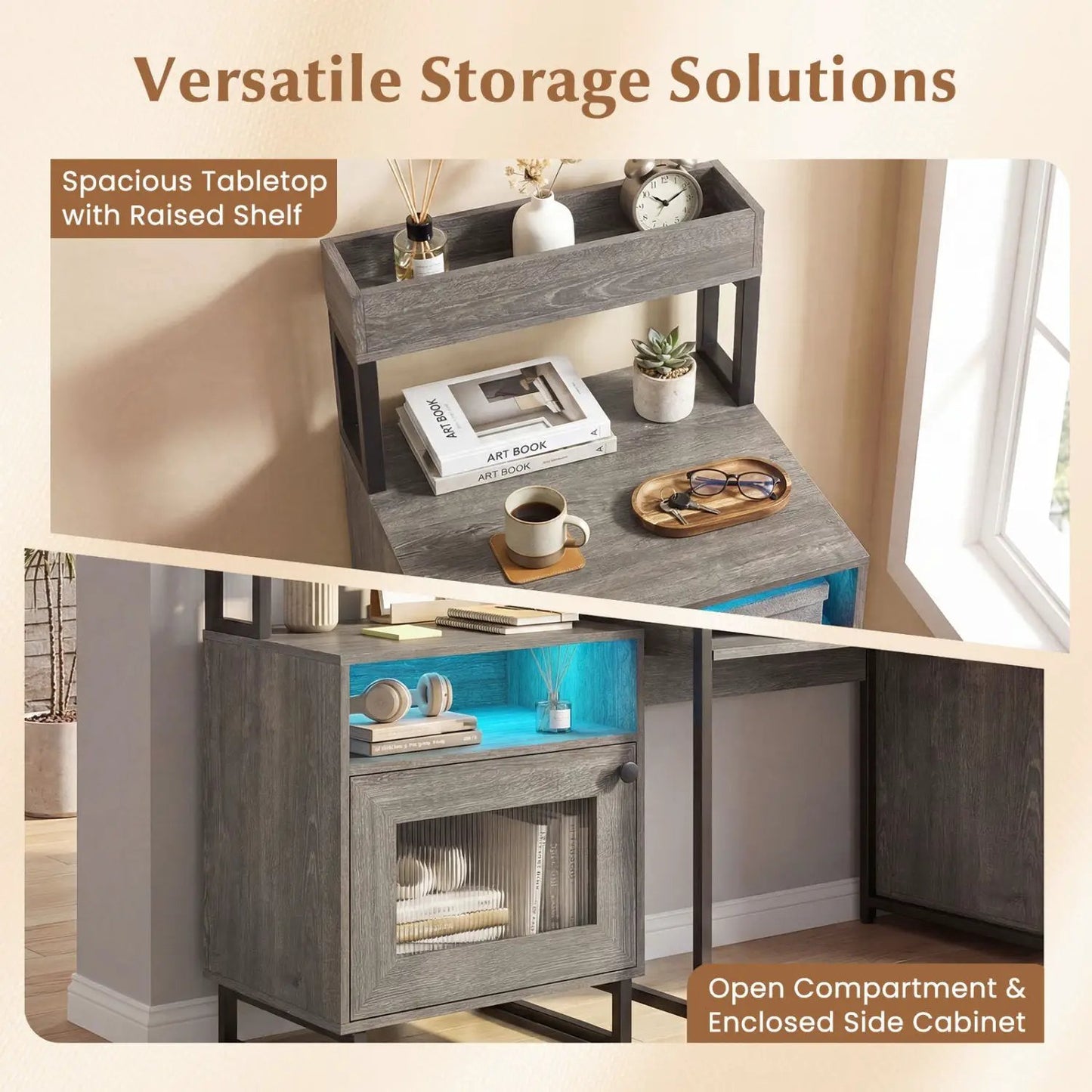 Nightstand with LED Lights and Storage Cabinet