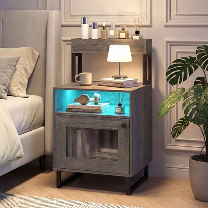 Nightstand with LED Lights and Storage Cabinet