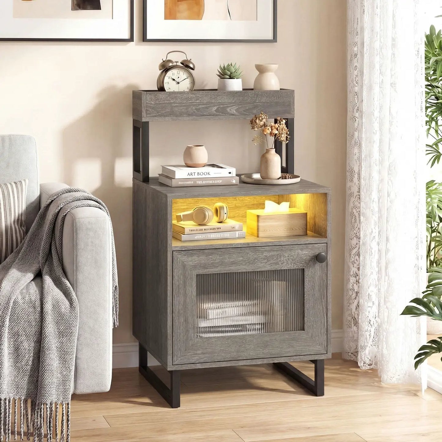 Nightstand with LED Lights and Storage Cabinet