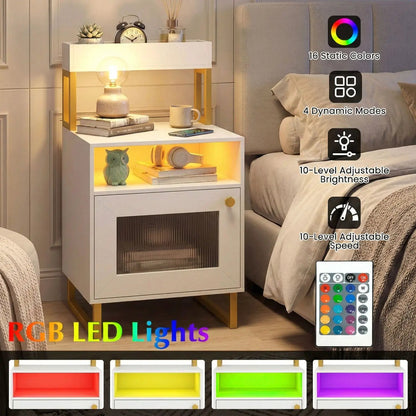 Nightstand with LED Lights and Storage Cabinet
