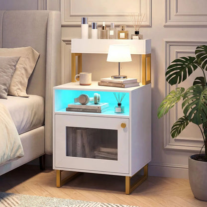 Nightstand with LED Lights and Storage Cabinet