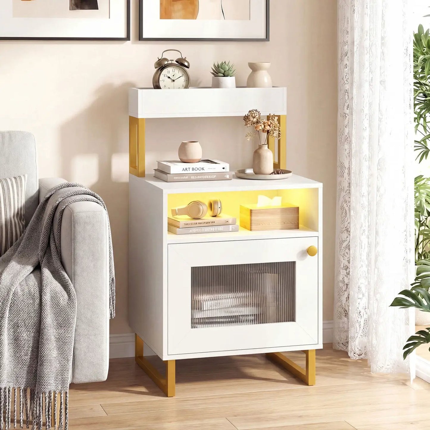 Nightstand with LED Lights and Storage Cabinet