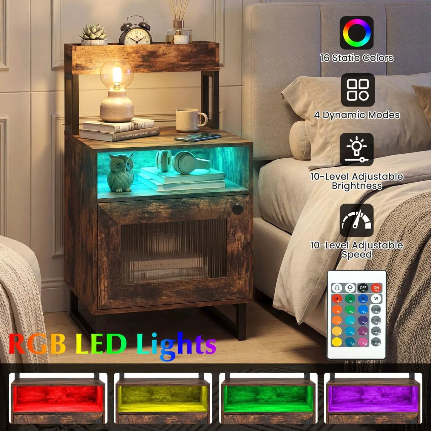 Nightstand with LED Lights and Storage Cabinet