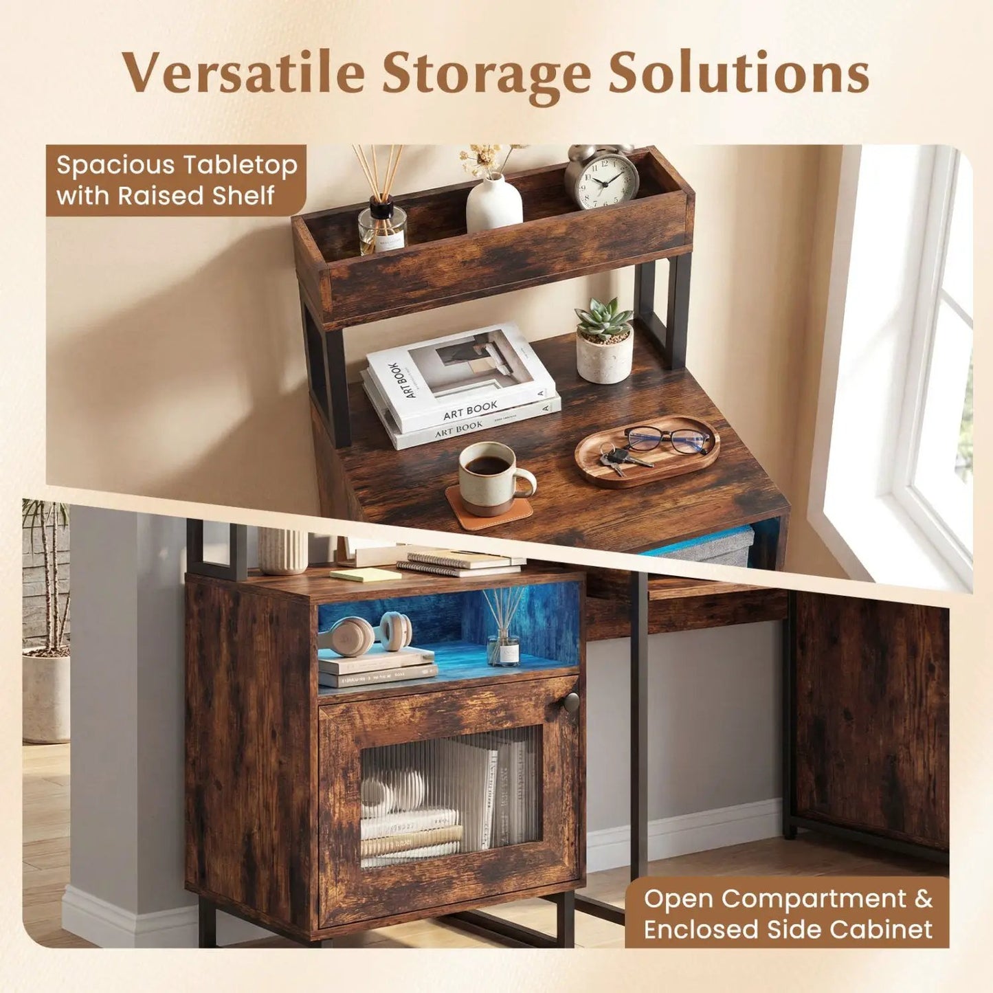 Nightstand with LED Lights and Storage Cabinet