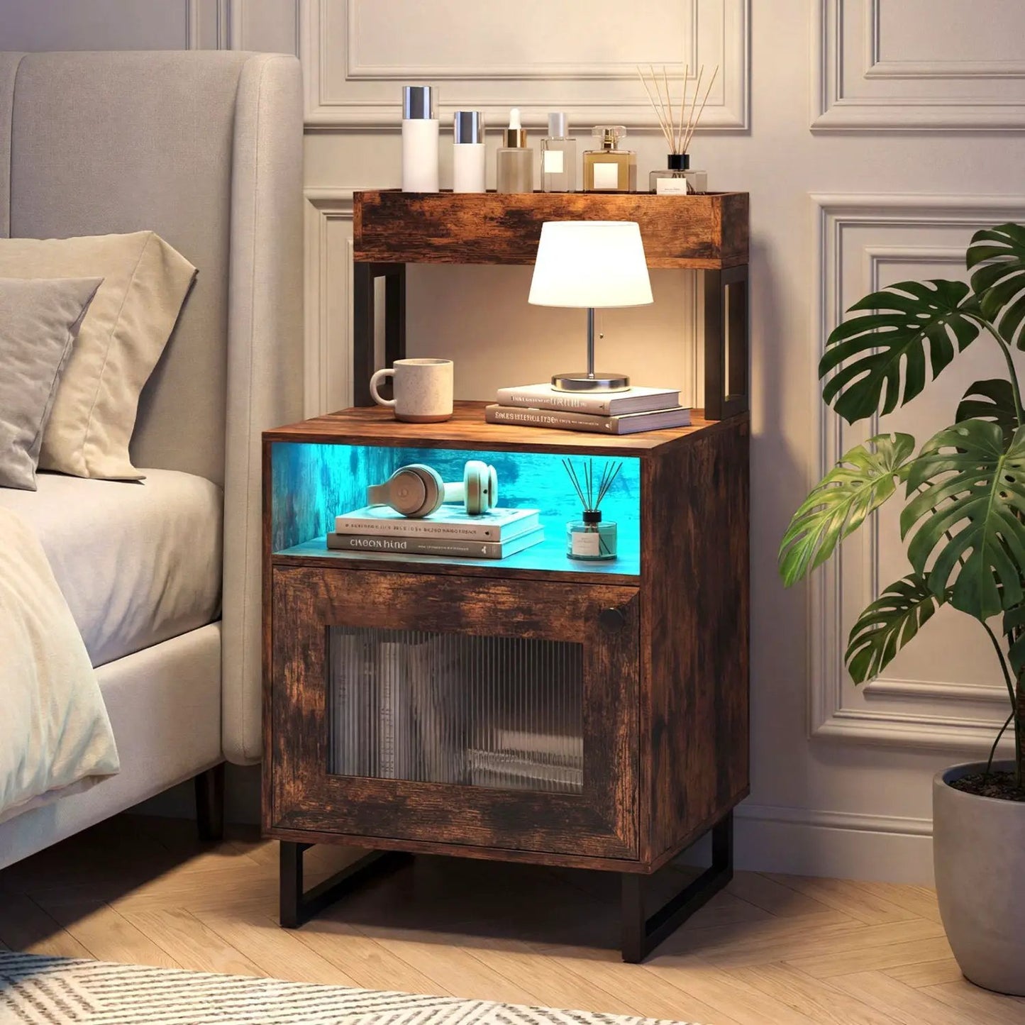 Nightstand with LED Lights and Storage Cabinet