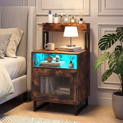 Nightstand with LED Lights and Storage Cabinet