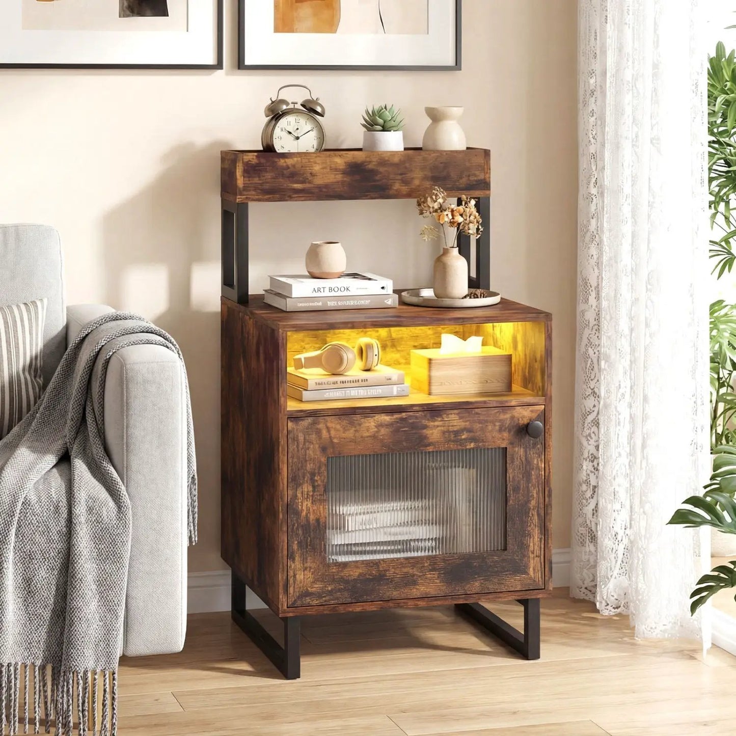 Nightstand with LED Lights and Storage Cabinet